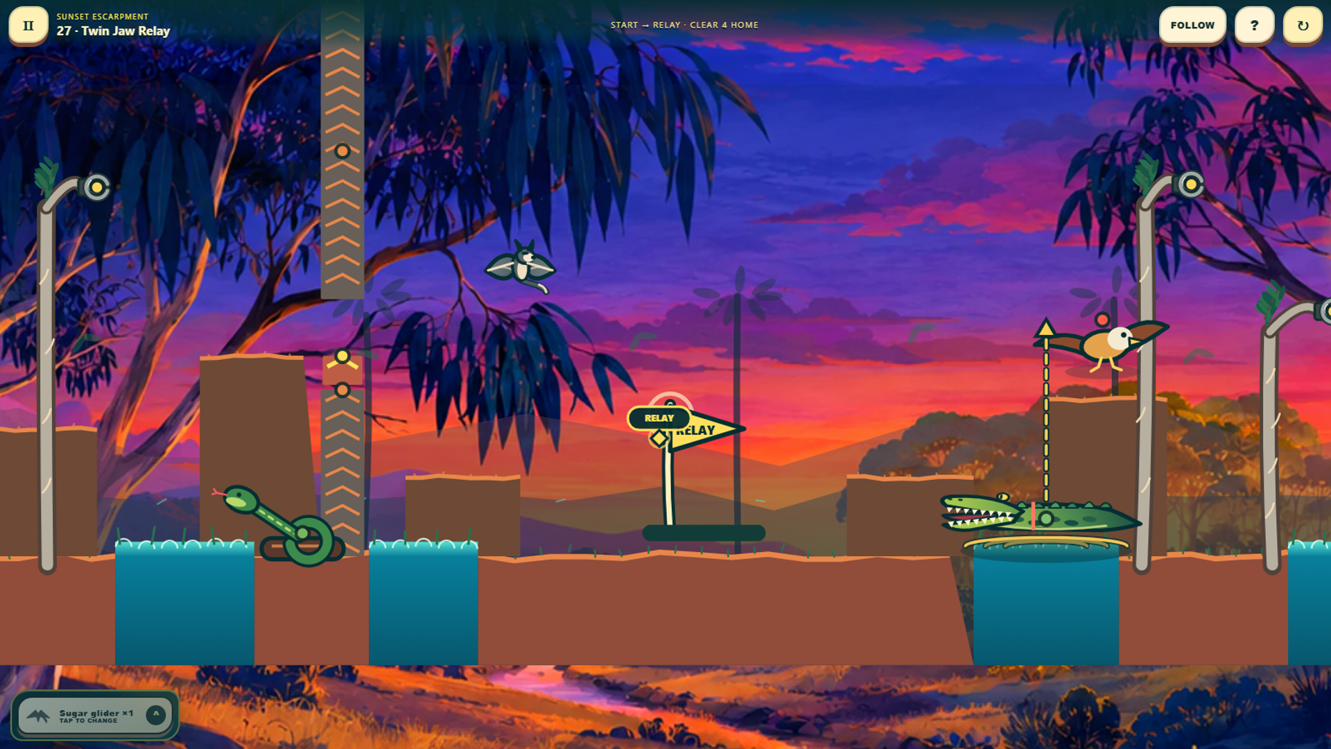 Sugar glider crossing a wide sunset course