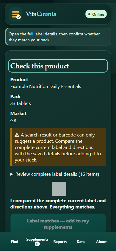 Confirming supplement label details in VitaCounta