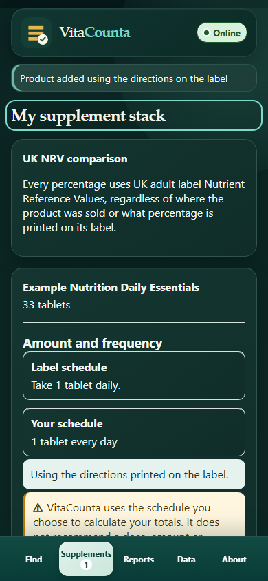 A saved supplement stack in VitaCounta